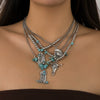 Retro Bull Head Cactus Cowboy Hat Beaded Ball Chain Necklace In Polished Alloy With Imitation Turquoise Pendant For Women