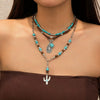 Retro Bull Head Cactus Cowboy Hat Beaded Ball Chain Necklace In Polished Alloy With Imitation Turquoise Pendant For Women