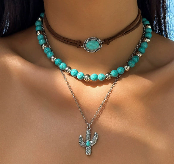Retro Bull Head Cactus Cowboy Hat Beaded Ball Chain Necklace In Polished Alloy With Imitation Turquoise Pendant For Women