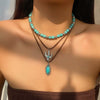 Retro Bull Head Cactus Cowboy Hat Beaded Ball Chain Necklace In Polished Alloy With Imitation Turquoise Pendant For Women