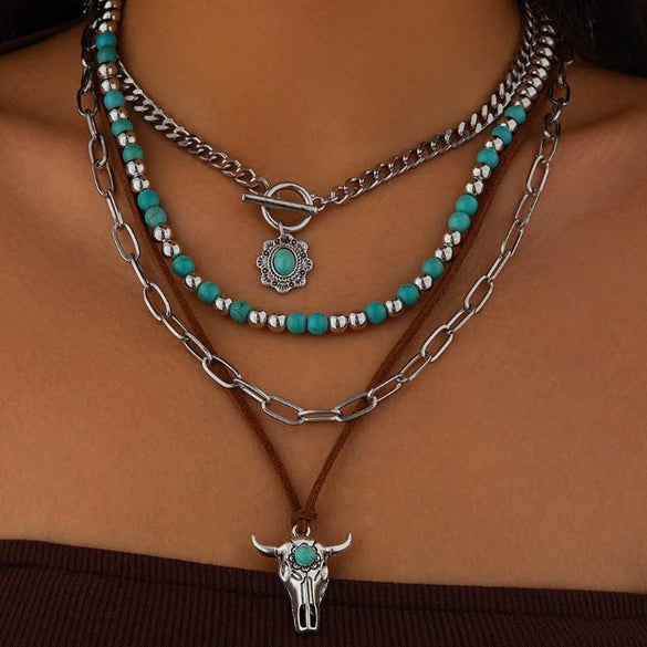 Retro Bull Head Cactus Cowboy Hat Beaded Ball Chain Necklace In Polished Alloy With Imitation Turquoise Pendant For Women