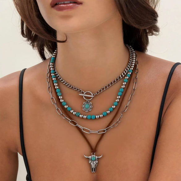 Retro Bull Head Cactus Cowboy Hat Beaded Ball Chain Necklace In Polished Alloy With Imitation Turquoise Pendant For Women