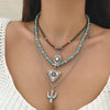 Retro Bull Head Cactus Cowboy Hat Beaded Ball Chain Necklace In Polished Alloy With Imitation Turquoise Pendant For Women