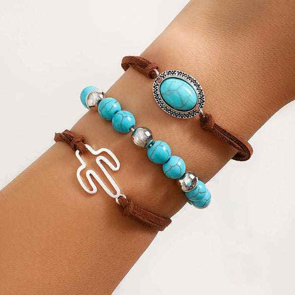 Retro Bull Head Cactus Cowboy Hat Beaded Ball Chain Necklace In Polished Alloy With Imitation Turquoise Pendant For Women