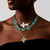 Retro Bull Head Cactus Cowboy Hat Beaded Ball Chain Necklace In Polished Alloy With Imitation Turquoise Pendant For Women