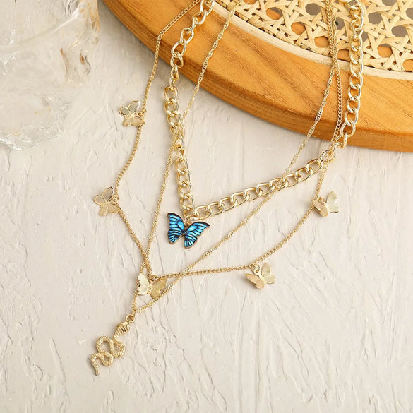 Retro Butterfly Gold Plated Alloy Wholesale Layered Necklaces