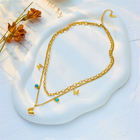 Retro Butterfly Double Layer Stacked Turquoise Titanium Steel Necklace For Women With Geometric Pattern And Electroplating Treatment