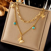 Retro Butterfly Double Layer Stacked Turquoise Titanium Steel Necklace For Women With Geometric Pattern And Electroplating Treatment