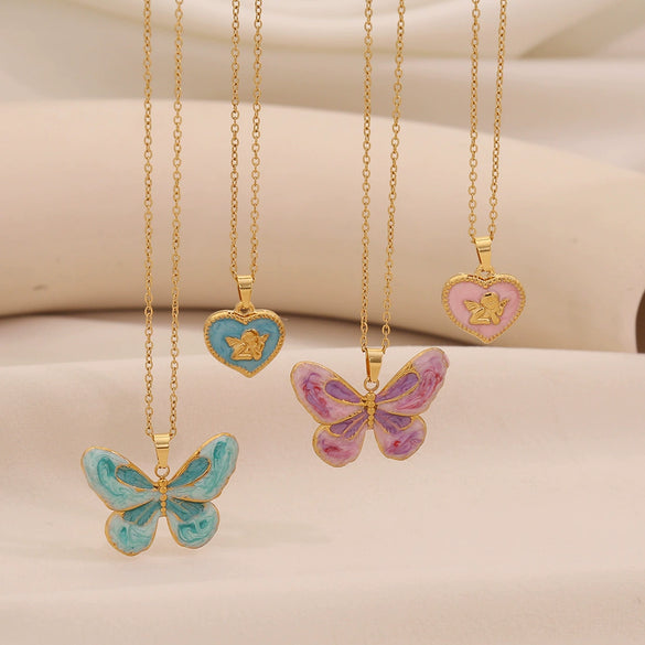 Retro Butterfly Heart Shape Pendant Necklace Fashion Angel Love Stainless Steel Clavicle Chain