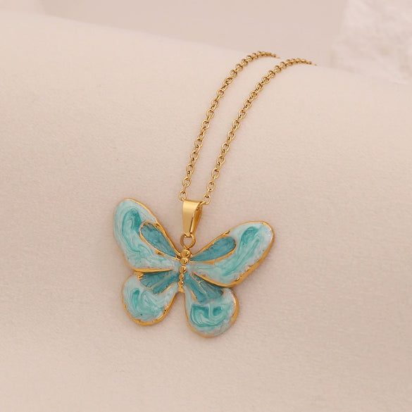 Retro Butterfly Heart Shape Pendant Necklace Fashion Angel Love Stainless Steel Clavicle Chain