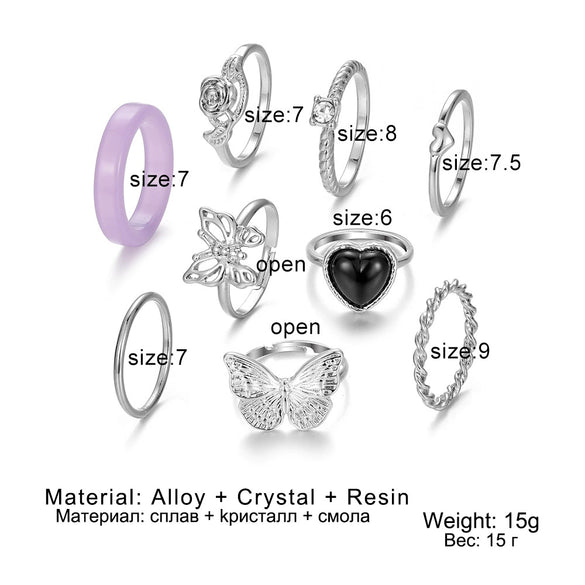 Retro Butterfly Ring Set Alloy Heart Shaped Electroplated Unisex
