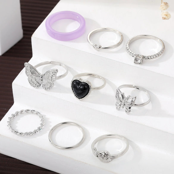 Retro Butterfly Ring Set Alloy Heart Shaped Electroplated Unisex