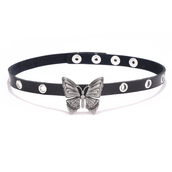 Retro Butterfly Women Choker Necklace With Rivet Metal And Pu Soft Leather Geometric Style