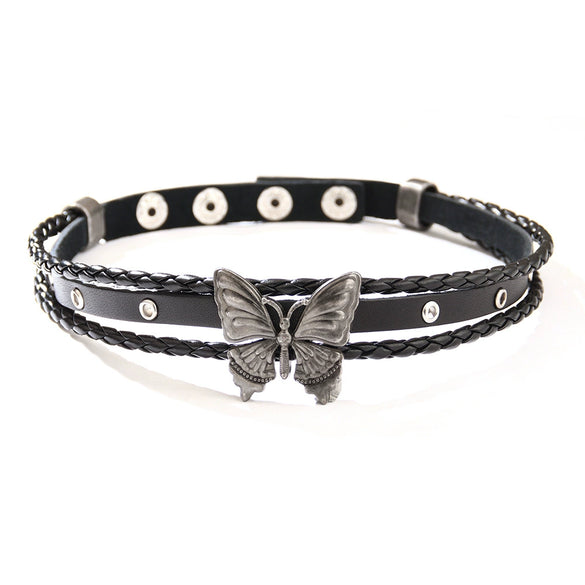 Retro Butterfly Women Choker Necklace With Rivet Metal And Pu Soft Leather Geometric Style