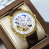Retro Carved Doublesided Hollow Automatic Mechanical Men's Watch With Alloy Case Genuine Leather Strap And Mineral Reinforced Glass Mirror