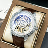 Retro Carved Doublesided Hollow Automatic Mechanical Men's Watch With Alloy Case Genuine Leather Strap And Mineral Reinforced Glass Mirror