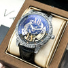Retro Carved Doublesided Hollow Automatic Mechanical Men's Watch With Alloy Case Genuine Leather Strap And Mineral Reinforced Glass Mirror