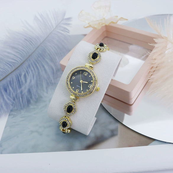 Retro Chalcedony Alloy Bracelet Watch For Women With Mineral Reinforced Glass Mirror And Jewelry Buckle