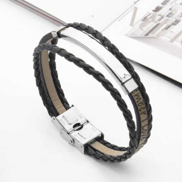 Retro Classic Style Customization Laser Engraving Pu Leather Titanium Steel Polishing Men'S Bracelets Men Cord & Leather Bracelets