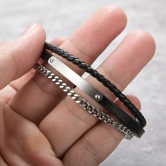 Retro Classic Style Customization Laser Engraving Pu Leather Titanium Steel Unisex Bracelets Men Cord & Leather Bracelets