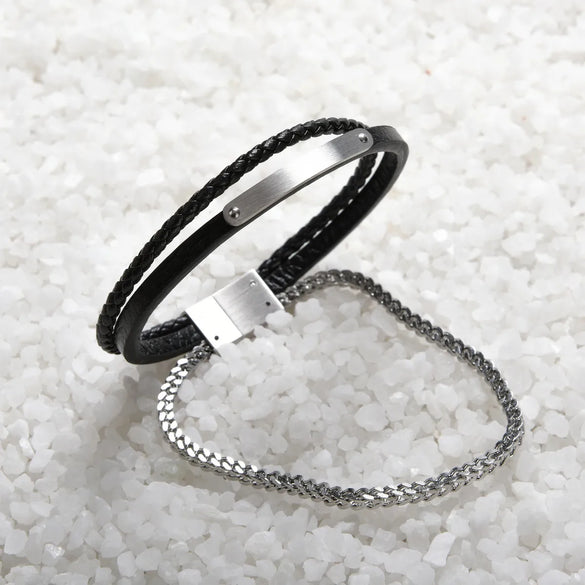 Retro Classic Style Customization Laser Engraving Pu Leather Titanium Steel Unisex Bracelets Men Cord & Leather Bracelets