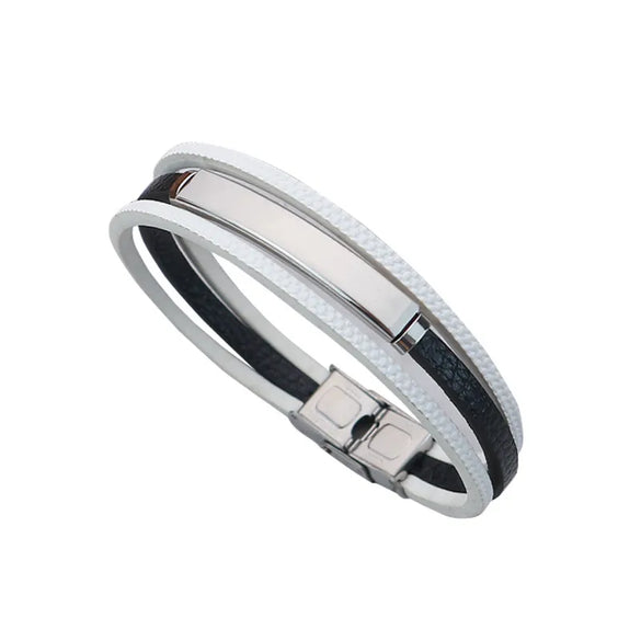 Retro Classic Style Customization Laser Engraving Pu Leather Titanium Steel Woven Chain Bangles Wholesale