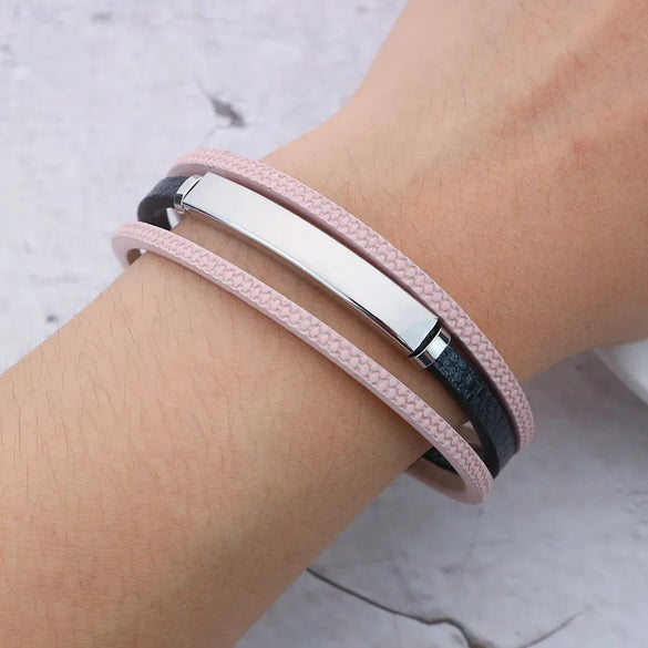 Retro Classic Style Customization Laser Engraving Pu Leather Titanium Steel Woven Chain Bangles Wholesale