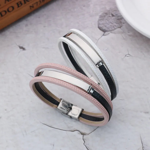 Retro Classic Style Customization Laser Engraving Pu Leather Titanium Steel Woven Chain Bangles Wholesale