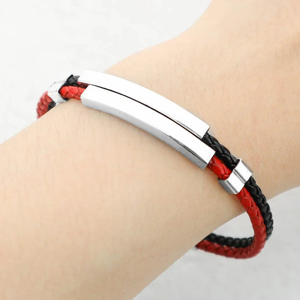 Retro Classic Style Geometric Customization Laser Engraving Pu Leather Titanium Steel Polishing Men'S Bracelets Men Cord & Leather Bracelets