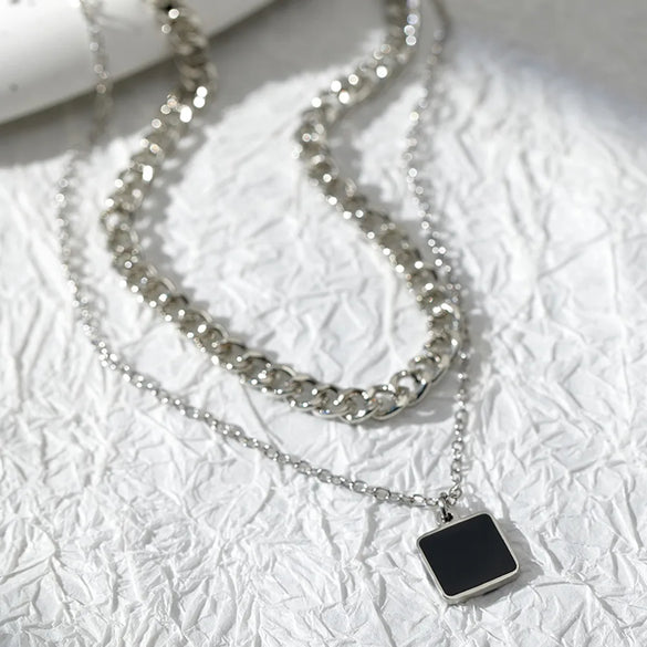 Retro Classic Style Square Alloy Resin Enamel Women'S Double Layer Necklaces
