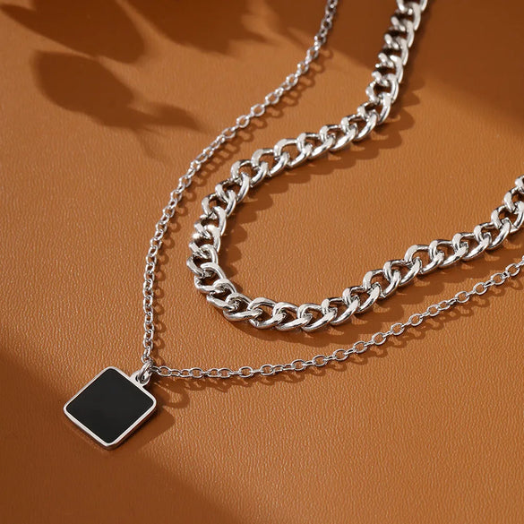 Retro Classic Style Square Alloy Resin Enamel Women'S Double Layer Necklaces