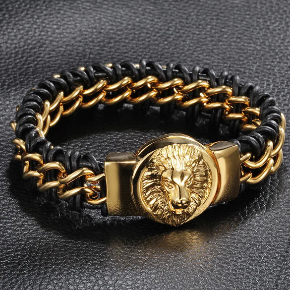 Retro Color Block Stainless Steel Pu Leather Plating 18K Gold Plated Men'S Bangle