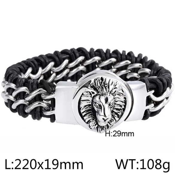 Retro Color Block Stainless Steel Pu Leather Plating 18K Gold Plated Men'S Bangle