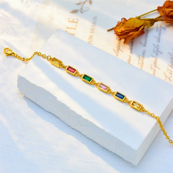 Retro Color Long Diamond Chain Geometric Titanium Steel Bracelet With Electroplating For Women