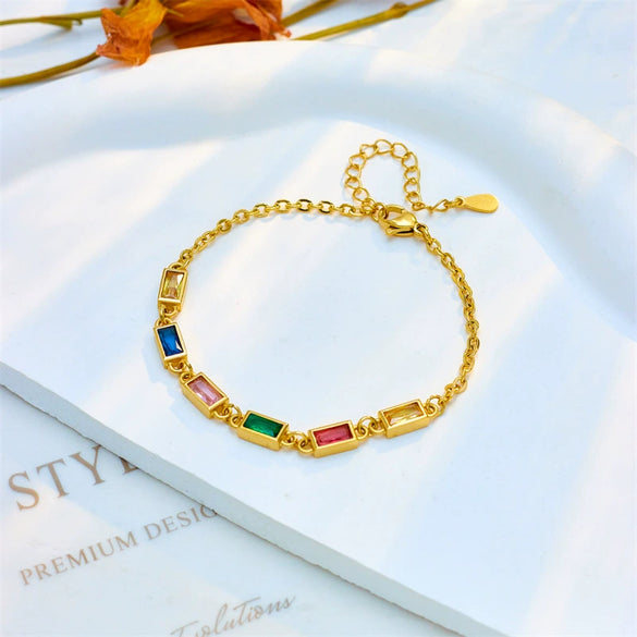 Retro Color Long Diamond Chain Geometric Titanium Steel Bracelet With Electroplating For Women