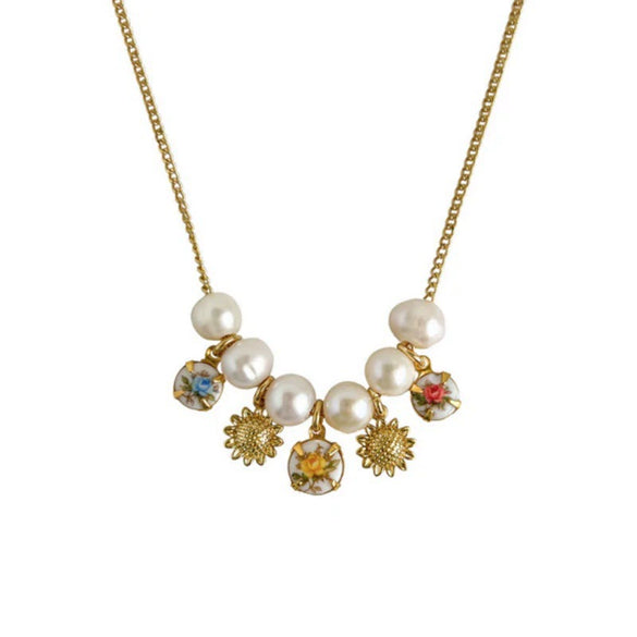 Retro Copper Bead Pendant Pearl Love Flower Necklace Electroplated