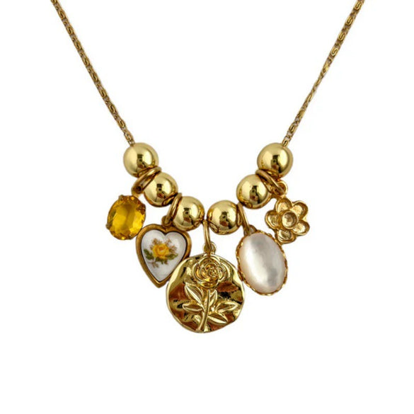 Retro Copper Bead Pendant Pearl Love Flower Necklace Electroplated