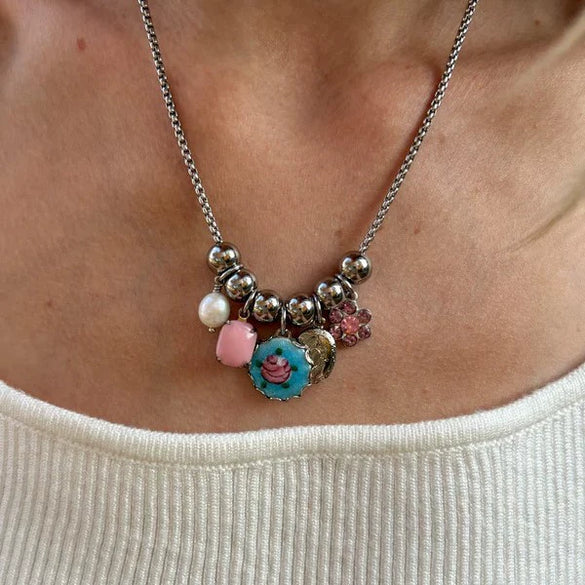 Retro Copper Bead Pendant Pearl Love Flower Necklace Electroplated