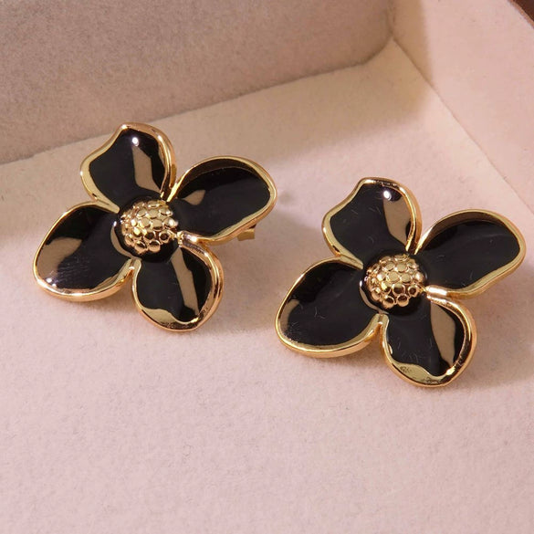 Retro Court Flower Drop Glaze Four Petal Flower Titanium Steel Earrings For Women With Leaf Pattern And Electroplating