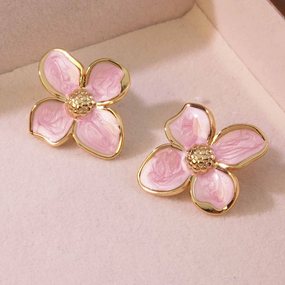 Retro Court Flower Drop Glaze Four Petal Flower Titanium Steel Earrings For Women With Leaf Pattern And Electroplating