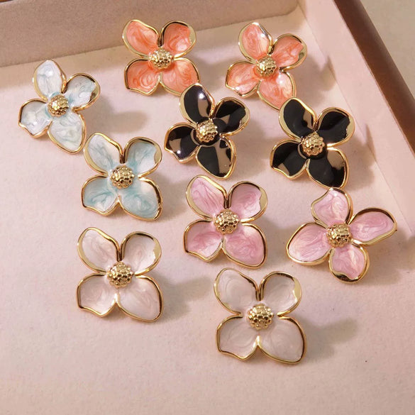 Retro Court Flower Drop Glaze Four Petal Flower Titanium Steel Earrings For Women With Leaf Pattern And Electroplating
