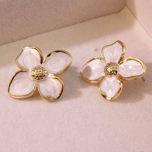 Retro Court Flower Drop Glaze Four Petal Flower Titanium Steel Earrings For Women With Leaf Pattern And Electroplating