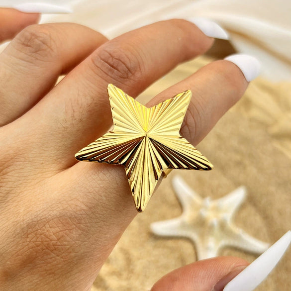 Retro Creative Fivepointed Star And Heart Shape Titanium Steel Goldplated Ring Natural And Geometric Style