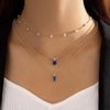 Retro Creative Multi Layer O Chain Necklace With Imitation Grandmother Blue And Green Pearls Micropaved For Women Made Of Alloy