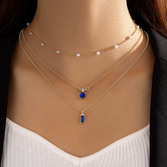 Retro Creative Multi Layer O Chain Necklace With Imitation Grandmother Blue And Green Pearls Micropaved For Women Made Of Alloy