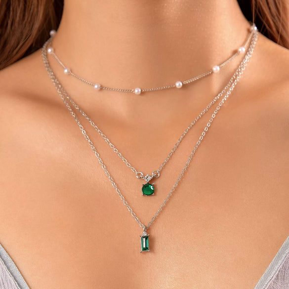 Retro Creative Multi Layer O Chain Necklace With Imitation Grandmother Blue And Green Pearls Micropaved For Women Made Of Alloy