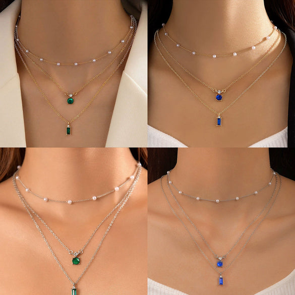 Retro Creative Multi Layer O Chain Necklace With Imitation Grandmother Blue And Green Pearls Micropaved For Women Made Of Alloy