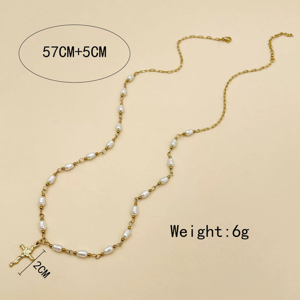 Retro Cross Pendant Pearl Necklace Stainless Steel 14K Gold Plated Jewelry