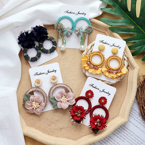 Retro Crystal Flower Big Circle Handmade Earrings For Women With Mixed Material
