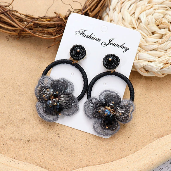 Retro Crystal Flower Big Circle Handmade Earrings For Women With Mixed Material